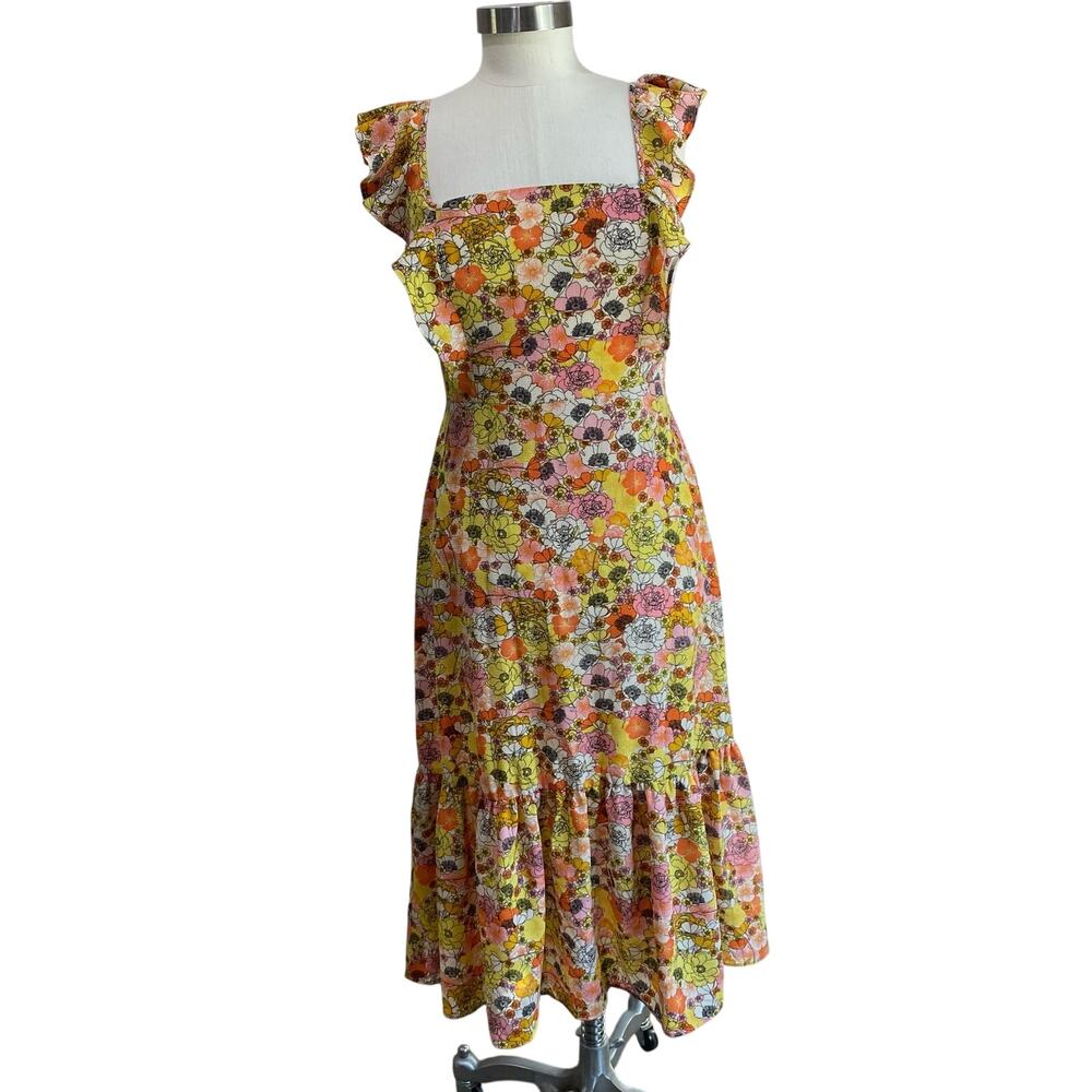 BCBG Generation Yellow Floral Ruffle Midi Dress Spring Wedding Size S